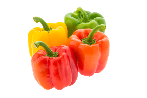 A group of three bell peppers sitting next to each other.